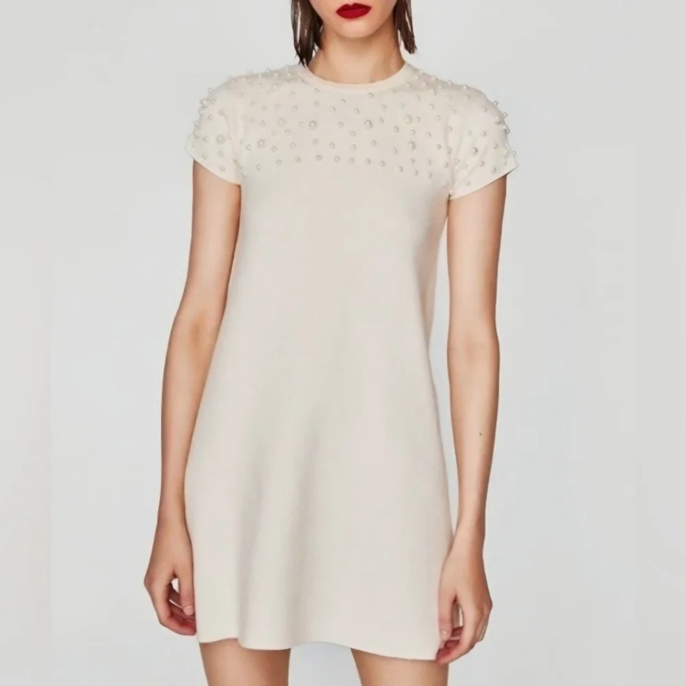 Zara Ivory Cream White Short Cap Sleeve Pearl Shift Knit Dress RARE (Sz S) - Picture 2 of 7